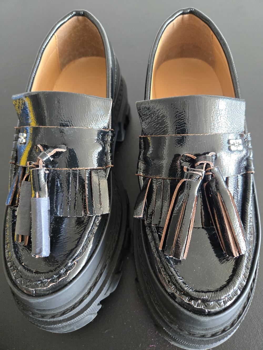 GANNI Black Patent Leather Chunky Butterfly Tassel Loafers 38 NWOB - Picture 3 of 10